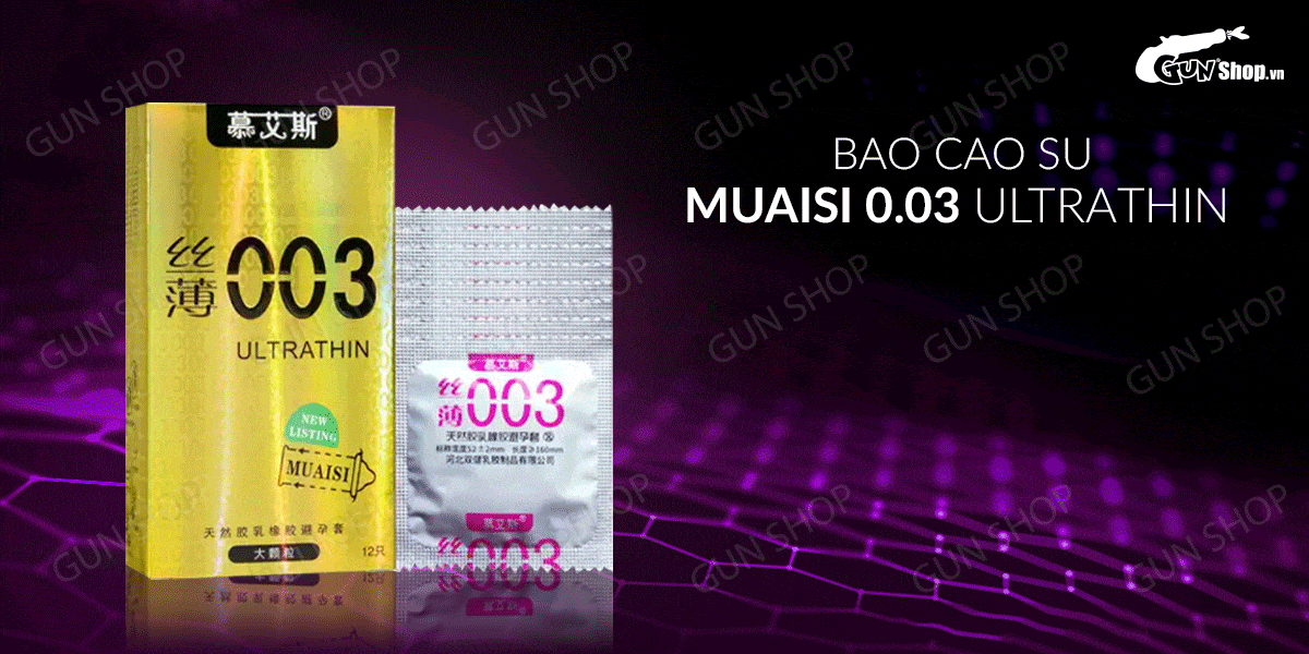 Bao cao su Muaisi Ultrathin 0.03 Vàng Hộp 12 cái Siêu mỏng, Gân nổi